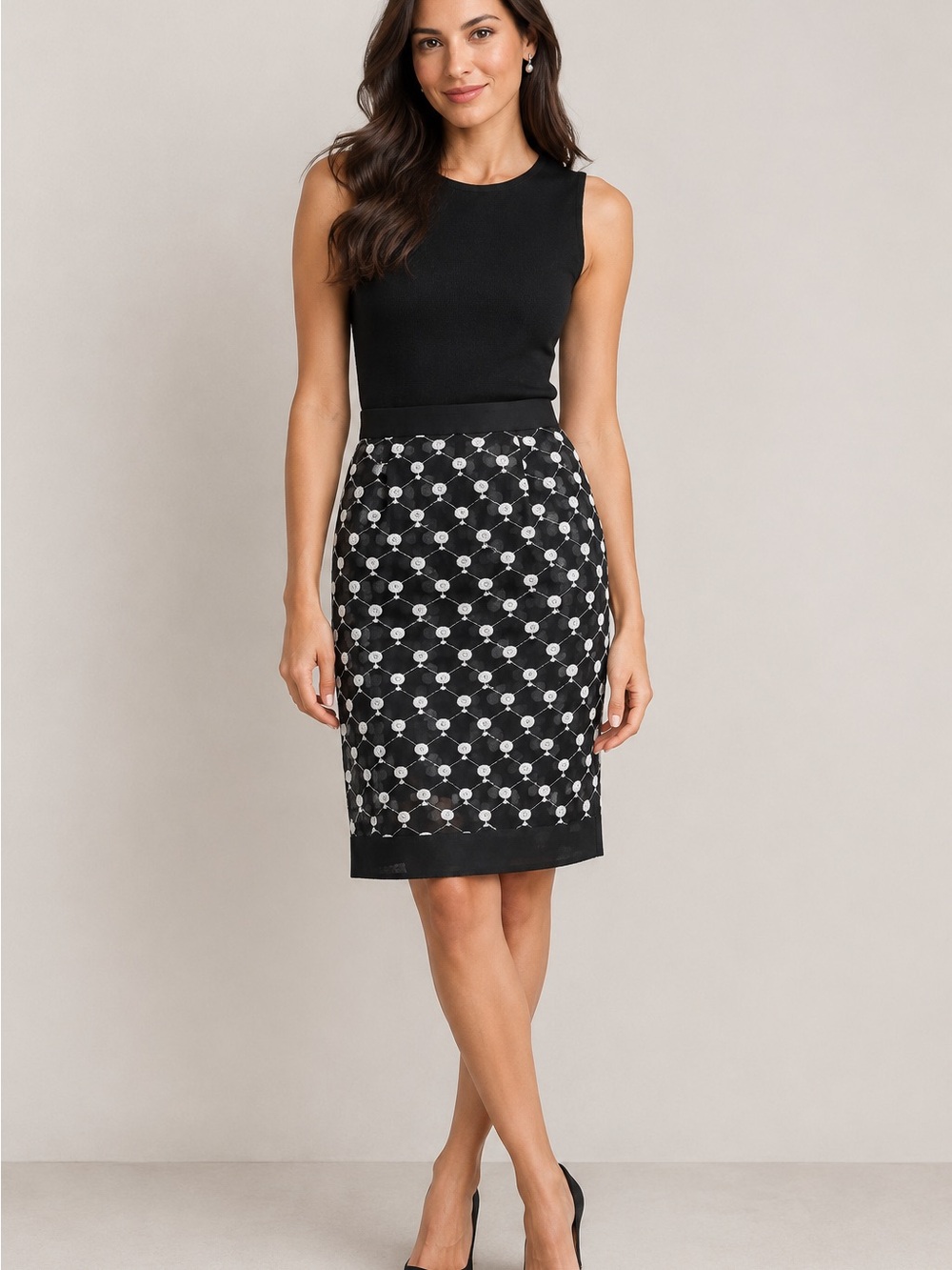 Ann Taylor Black Pencil Skirt with Silver Dot Lattice